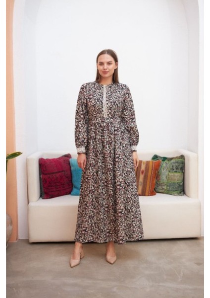 Ankanoor Çıtır Desen Kuşaklı Keten Elbise ANKA251516