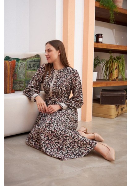 Ankanoor Çıtır Desen Kuşaklı Keten Elbise ANKA251516 fiyatları