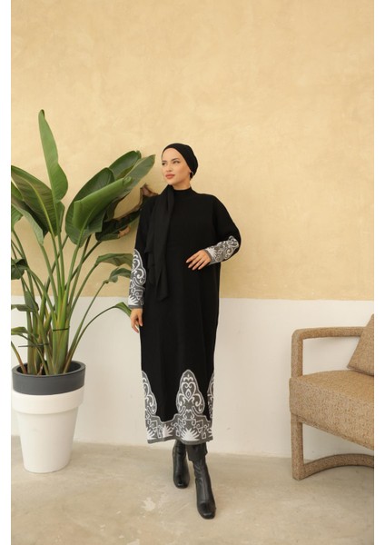 Ankanoor Siyah Etnik Desenli Fitilli Premium Triko Elbise ANKA256330