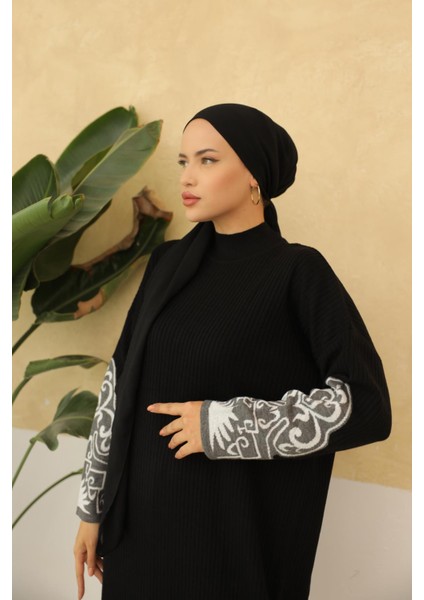 Ankanoor Siyah Etnik Desenli Fitilli Premium Triko Elbise ANKA256330
