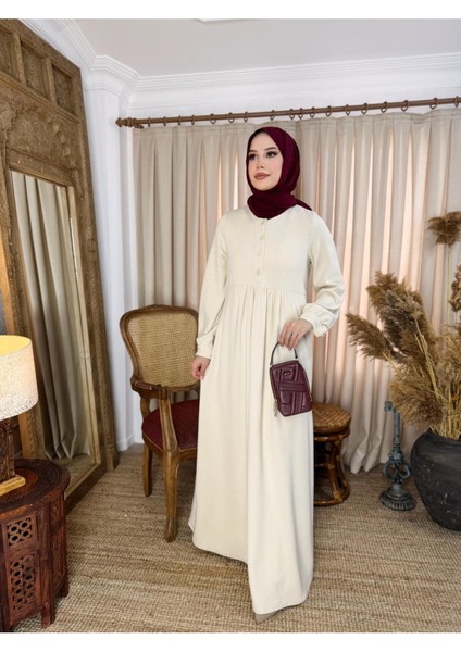 Ankanoor Bej Yarım Pat Düğmeli Örme Elbise ANKA258064