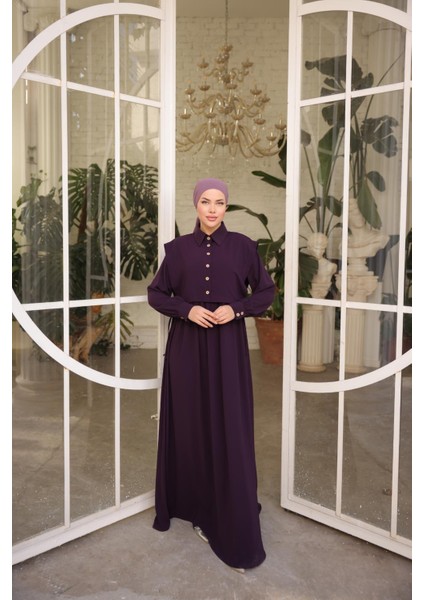 Ankanoor Mürdüm Önlüklü Medine Ipeği Elbise ANKA255065