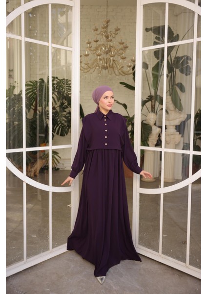 Ankanoor Mürdüm Önlüklü Medine Ipeği Elbise ANKA255065 fiyatları