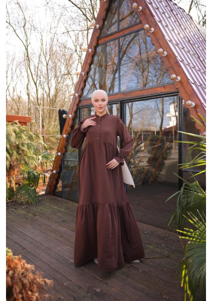 Ankanoor Acı Kahve Yarım Patlı 3 Katlı Tesettür Elbise ANKA255078