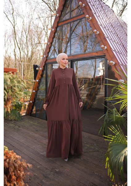 Ankanoor Acı Kahve Yarım Patlı 3 Katlı Tesettür Elbise ANKA255078 fiyatları