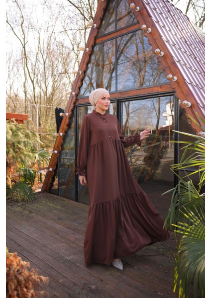 Ankanoor Acı Kahve Yarım Patlı 3 Katlı Tesettür Elbise ANKA255078 modelleri