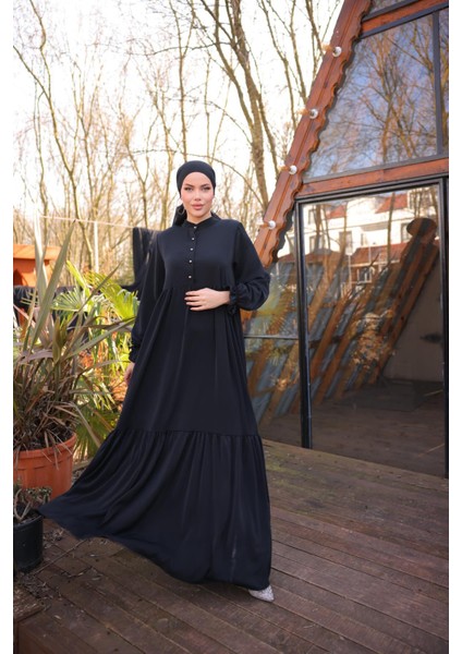 Ankanoor Siyah Yarım Patlı 3 Katlı Tesettür Elbise ANKA255078