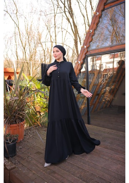 Ankanoor Siyah Yarım Patlı 3 Katlı Tesettür Elbise ANKA255078 modelleri