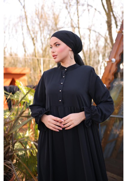 Ankanoor Siyah Yarım Patlı 3 Katlı Tesettür Elbise ANKA255078 indirimleri