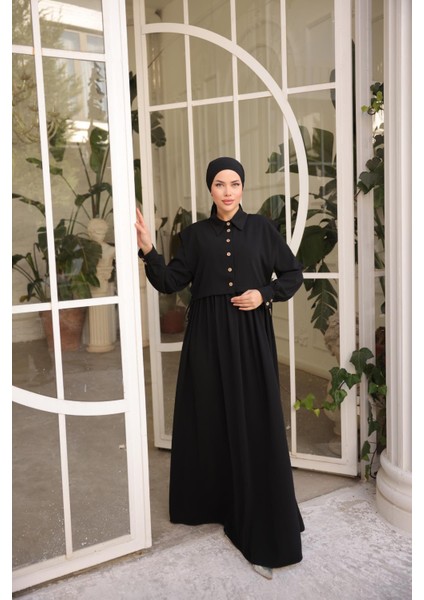 Ankanoor Siyah Önlüklü Medine Ipeği Elbise ANKA255065