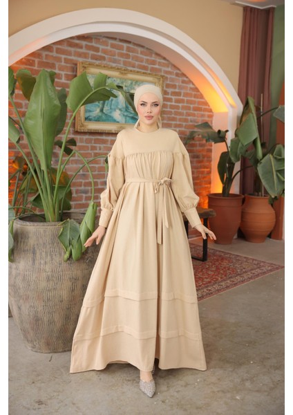 Ankanoor Açık Bej Çift Bantlı Salaş Elbise ANKA255069