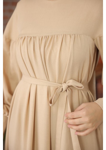 Ankanoor Açık Bej Çift Bantlı Salaş Elbise ANKA255069