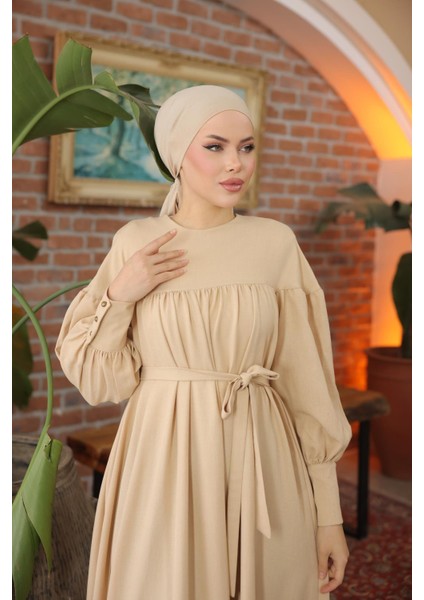 Ankanoor Açık Bej Çift Bantlı Salaş Elbise ANKA255069