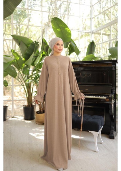 Ankanoor Bej Yarım Pat Düğmeli Örme Elbise ANKA258066