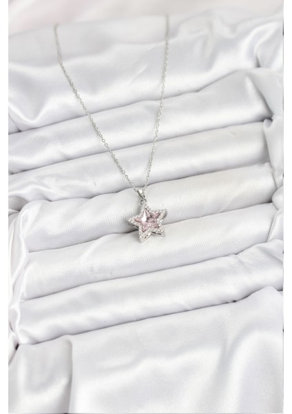 316L Çelik Zincir Gümüş Renk Pembe Taşlı Yıldız Model Kadın Kolye - Lisinya fiyatları