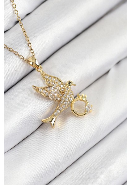 Çelik Zirkon Taşlı Yüzüklü Kuş Model Kadın Kolye