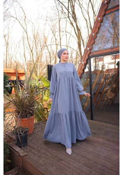 Ankanoor Füme Yarım Patlı 3 Katlı Tesettür Elbise ANKA255078