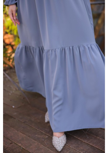 Ankanoor Füme Yarım Patlı 3 Katlı Tesettür Elbise ANKA255078