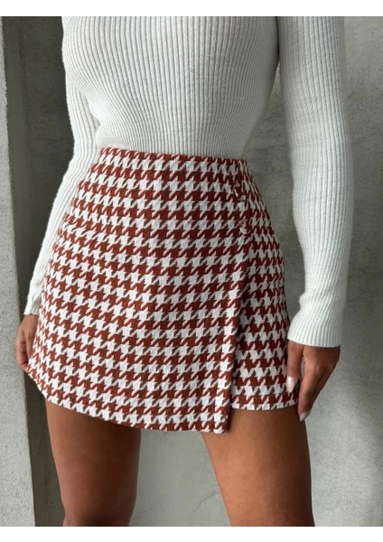 Iki Düğmeli Kaz Ayağı Desen Ch Kumaş Şort Etek Bordobeyaz H26414