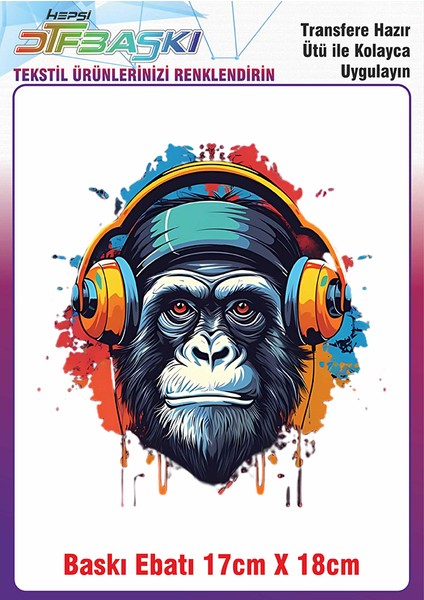 Müzik Dinleyen Goril Ütü ile Yapışan Kumaş Tekstil Kıyafet Dtf Baskı