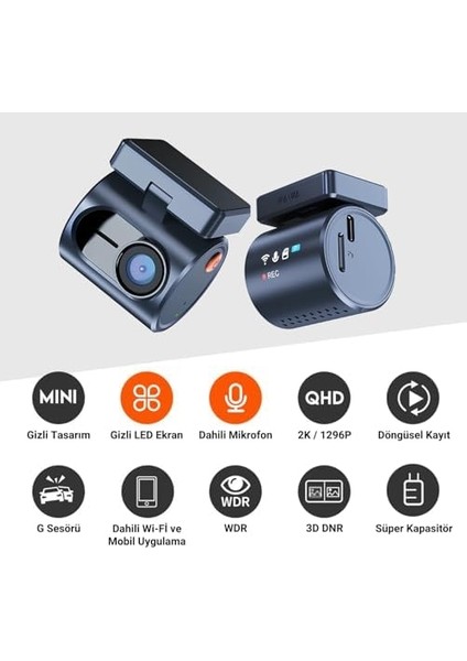 Mini 3 Pro 2k 1296P Wdr Wi-Fi G-Sensörlü Gece Görüşlü Araç Kamerası Şeffaf LED Bildirim Ekranı modelleri