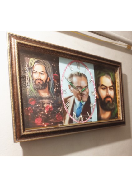 Ahşap Çerceveli Atatürk ve Hz Ali Temalı Duvar Saat