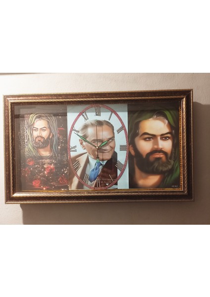 Ahşap Çerceveli Atatürk ve Hz Ali Temalı Duvar Saat fiyatları