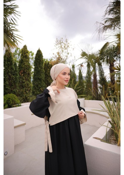 Ankanoor Önlüklü Oversize Keten Elbise ANKA255095