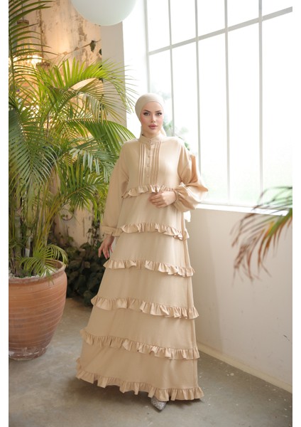 Ankanoor Açık Bej Fırfırlı Salaş Elbise ANKA255067