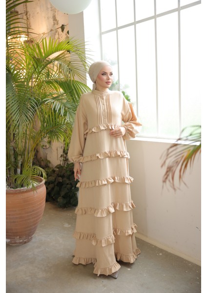 Ankanoor Açık Bej Fırfırlı Salaş Elbise ANKA255067 fiyatları