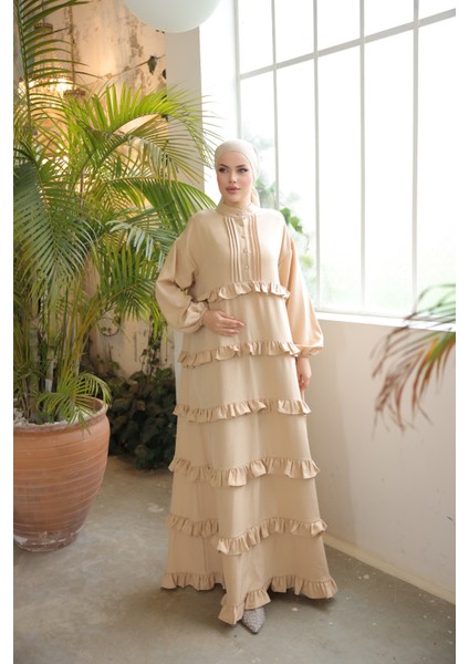 Ankanoor Açık Bej Fırfırlı Salaş Elbise ANKA255067 modelleri
