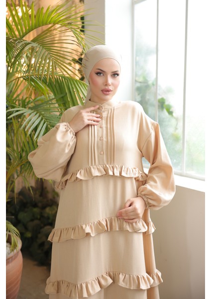 Ankanoor Açık Bej Fırfırlı Salaş Elbise ANKA255067 indirimleri