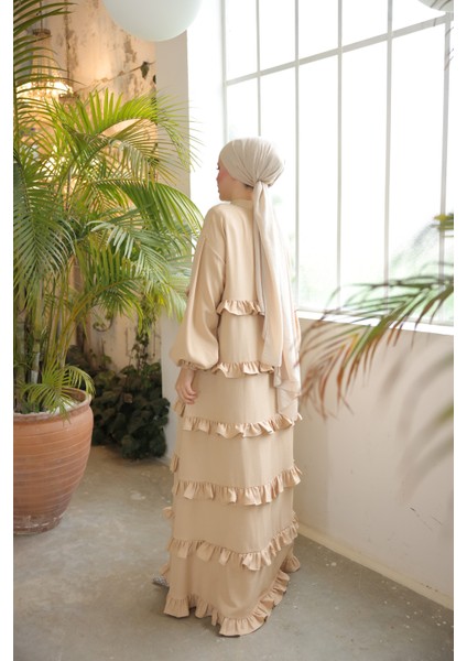 Ankanoor Açık Bej Fırfırlı Salaş Elbise ANKA255067
