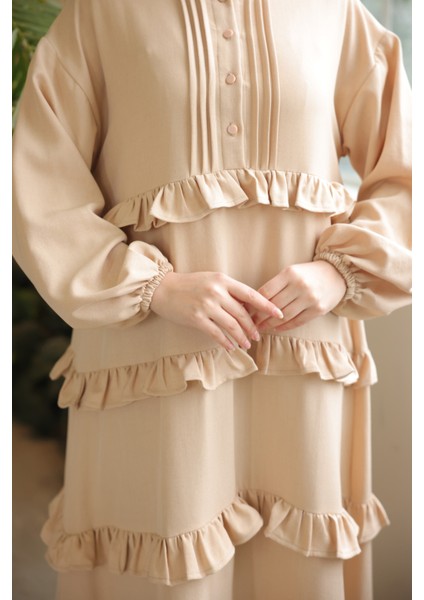 Ankanoor Açık Bej Fırfırlı Salaş Elbise ANKA255067