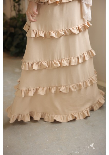 Ankanoor Açık Bej Fırfırlı Salaş Elbise ANKA255067