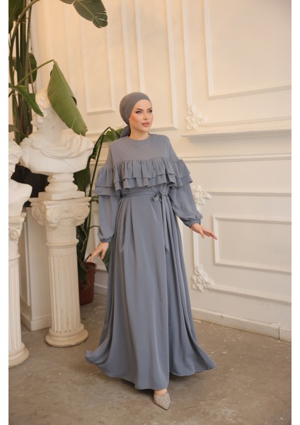 Ankanoor Gri Çift Fırfırlı Salaş Elbise ANKA255068