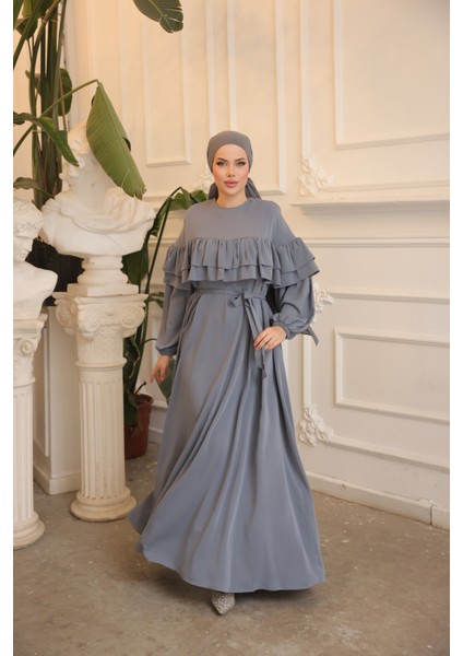 Ankanoor Gri Çift Fırfırlı Salaş Elbise ANKA255068 fırsatları