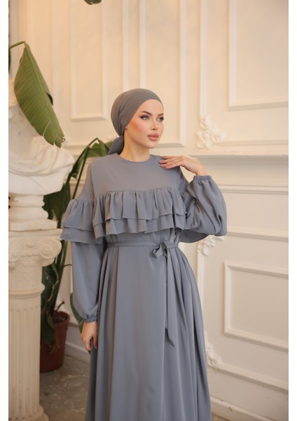Ankanoor Gri Çift Fırfırlı Salaş Elbise ANKA255068