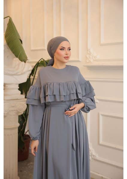 Ankanoor Gri Çift Fırfırlı Salaş Elbise ANKA255068
