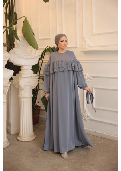 Ankanoor Gri Çift Fırfırlı Salaş Elbise ANKA255068