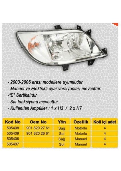 Techmrt Far Sinyal Sis Sol Sprinter 04/00-05/06 Elektrikli H7 H3 H7
