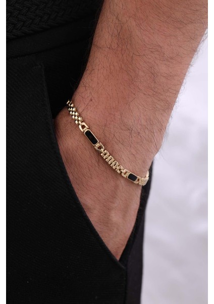 14 Ayar Siyah Mineli Zincir Altın Erkek Bileklik