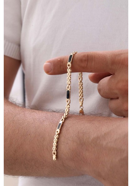 14 Ayar Siyah Mineli Zincir Altın Erkek Bileklik fiyatları