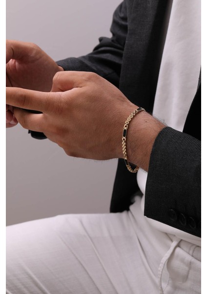 14 Ayar Siyah Mineli Zincir Altın Erkek Bileklik modelleri