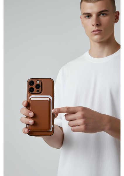 IPhone 16 Pro Max Uyumlu Premium Deri Magsafe Cüzdanlı Kartlıklı Kamera Çerçeve Standlı Kılıf Kahverengi