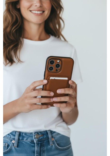 IPhone 16 Pro Max Uyumlu Premium Deri Magsafe Cüzdanlı Kartlıklı Kamera Çerçeve Standlı Kılıf Kahverengi modelleri