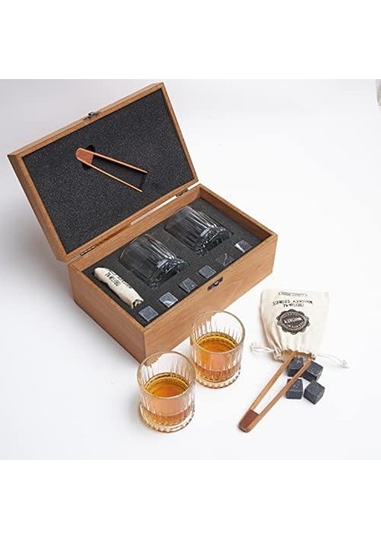 Tasarımlı Ahşap Kutulu 2&apos;li Glasgow Viski Kadeh Seti + 6 Soğutucu Taş fiyatları