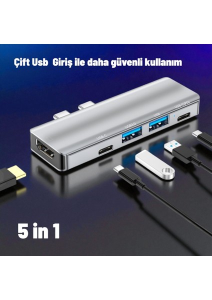 YG-2102 5 In 1 Çift Usb-C / Type-C-Usb Hub Çevirici Adaptör