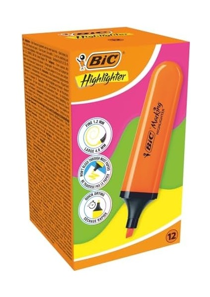 Marking Flat Higlighter Fosforlu 12&apos;li Kutu, Turuncu Fosforlu, Su Bazlı, Hızlı Kuruyan Mürekkep fiyatları