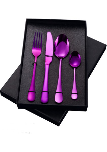 Premium Kalite Bpa'sız Paslanmaz Çelik Çatal, Kaşık ve Bıçak Seti Mor Renk 4 Parça (24+ Ay)